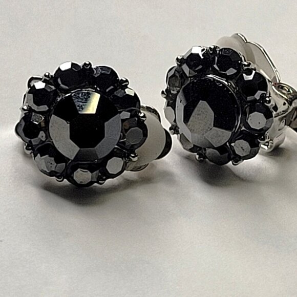 Black Crystal Clip Ons Small Earrings, Small Clip On Earrings - Picture 2 of 5